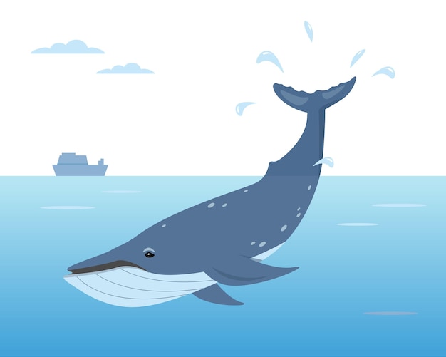 Вектор Китовое животное ныряет в воду океанские водные млекопитающие горбатый кит в море животное синий кит плавает