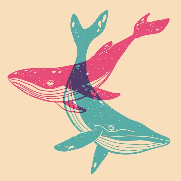 Vector whale. colorful cute screen printing effect. riso print effect. vector illustration. graphic element