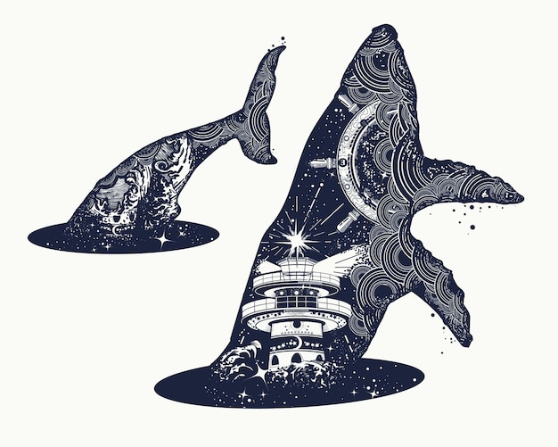 Vector whale double exposure surreal tattoo