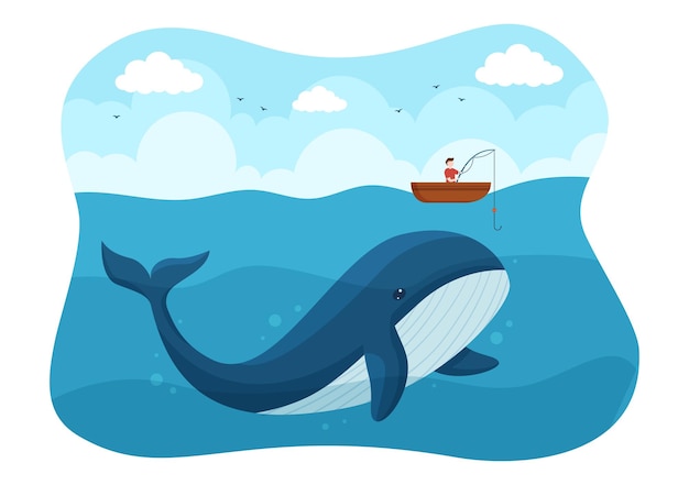 Whale Hunting with Whales Caught by Fisherman in the Middle of the Deep Sea for Sale in Illustration