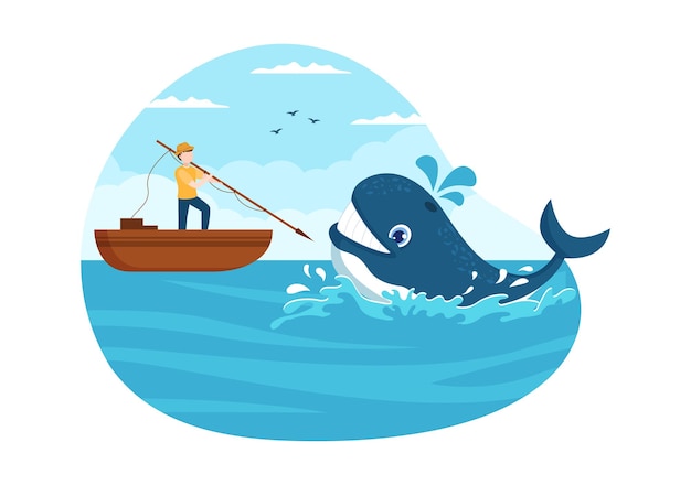 Whale hunting with whales caught by fisherman in the middle of the deep sea for sale in illustration