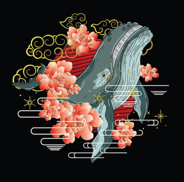 Vector whale illustration with japanese style