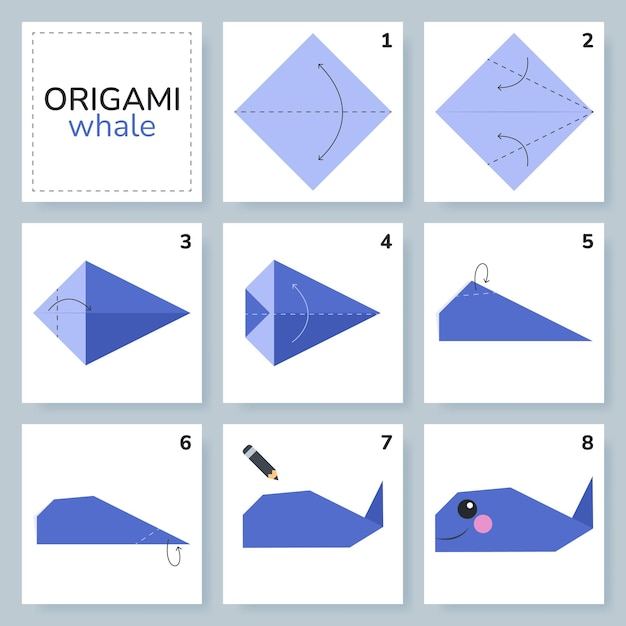 Fish origami scheme tutorial moving model. Origami for kids. Step