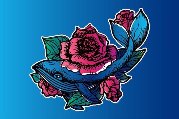 Vector whale and pink roses hand drawn vector illustration