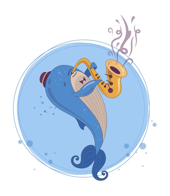 The whale plays jazz music on the saxophone Character Vector illustration