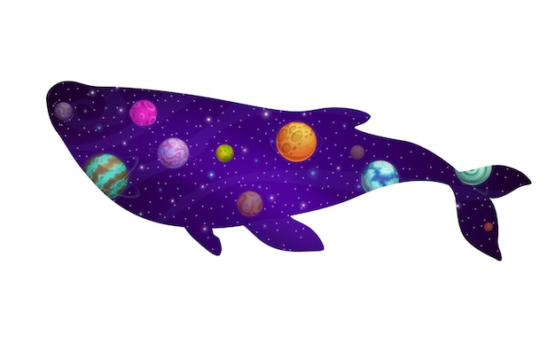 Whale silhouette and galaxy space with stars and planets on starry sky landscape vector background Double exposition blue whale animal with cartoon fantasy space alien galaxy planets and nebulae