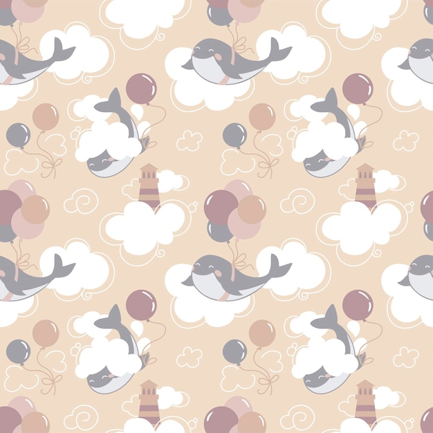 Whale in the sky fantasy print in pastel colors for baby products Seamless pattern Vector