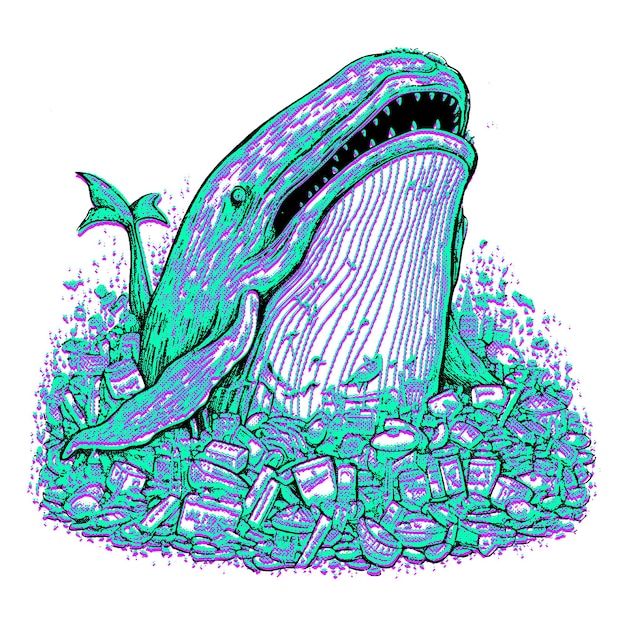 Whale swimming in a pile of garbage Illustration on an ecological theme Protecting the environment