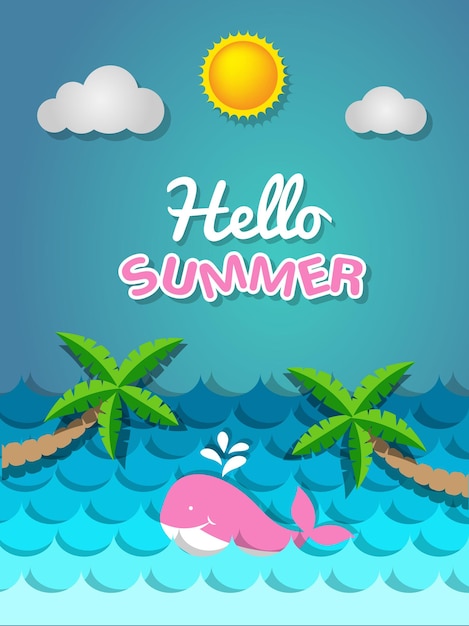 Whale swimming in the sea and coconut tree with the sun for summer concept