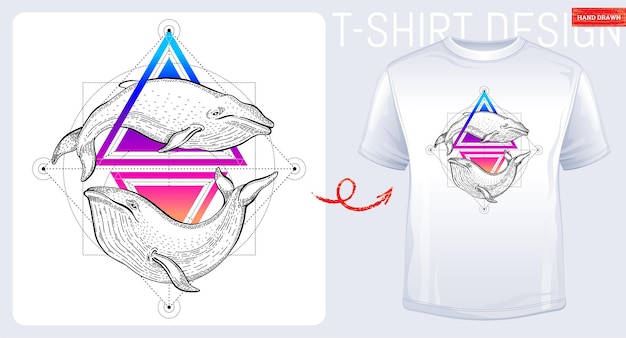 クジラベクトル幾何学的な海のクジラアート海のTシャツのデザインシュールなイラストTシャツの三角形のロゴが付いたグラフィック幾何学ポスター無料ヒップスターのコンセプトフリーダムアドベンチャードリームボーイガールプリント