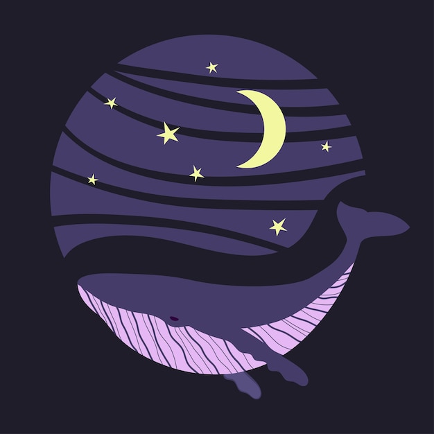 Whale vector illustration round composition of whale and starry sky logo print