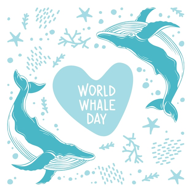 Whales are drawn in the style of linear art vector illustration with marine flora and fauna on a wh