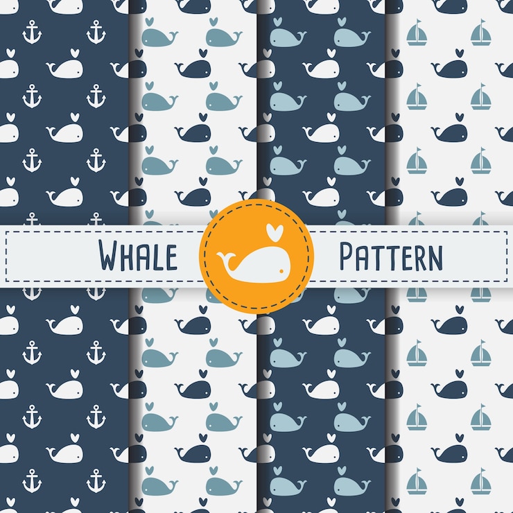 Vector whales seamless pattern on blue background 