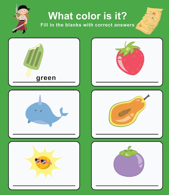 Вектор Какого цвета этот рабочий лист с пиратской тематикой. учебный лист для дошкольного учреждения.