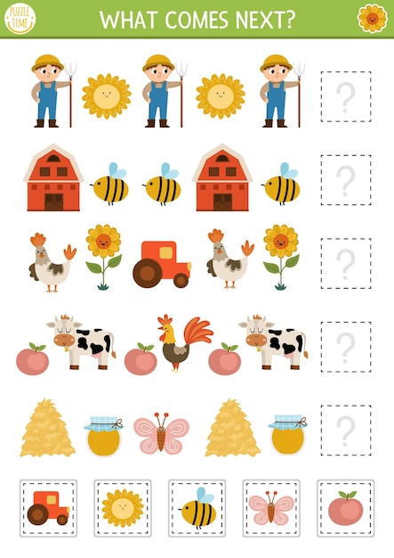 What comes next farm matching activity for preschool children with traditional country symbols and characters funny rural village puzzle on the farm logical worksheet continue the row gamexa