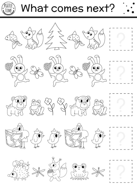 What comes next Forest black and white matching activity with woodland animals Funny outline puzzle Logical worksheet Continue the row coloring page with rabbit bear frogxA