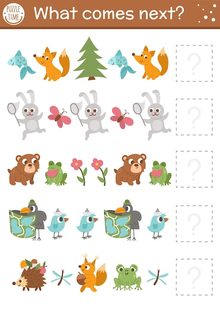 What comes next Forest matching activity for preschool children with cute woodland animals Funny educational puzzle Logical worksheet Continue the row game with rabbit bear frog fox birdxA