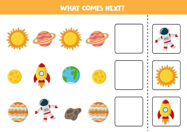 What comes next game with cartoon planet, sun and rocket. Educational logical game for kids.