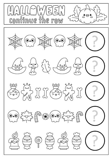 What comes next Halloween black and white matching activity for preschool children with traditional holiday symbols Funny kawaii puzzle Autumn Samhain party logical coloring page