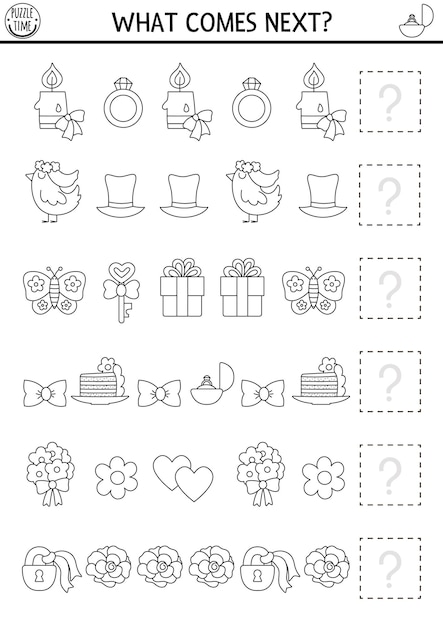 What comes next Wedding black and white matching activity for preschool kids with traditional symbols Funny Marriage line puzzle or logical coloring page Continue the row gamexA