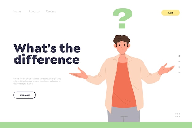 What difference concept landing page design template with puzzled pensive man cartoon character having question website vector illustration for online faq service support helpline for customer