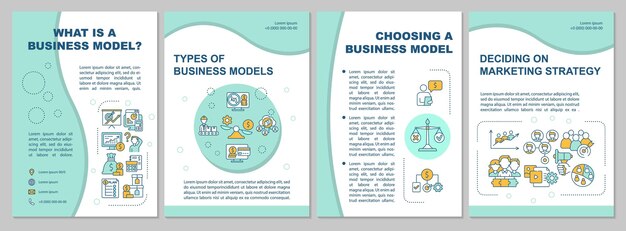 Che cos'è il modello di brochure alla menta del modello di business. strategia di mercato. volantino, opuscolo, stampa di volantini, design di copertina con icone lineari. layout vettoriali per presentazioni, relazioni annuali, pagine pubblicitarie