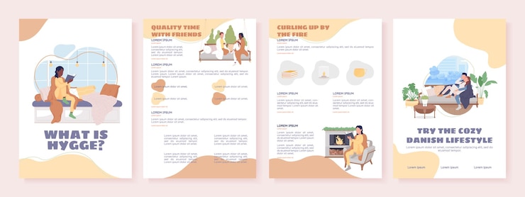 Vector hygge 평면 벡터 브로셔 템플릿이란 무엇입니까? 소책자 전단지 인쇄 가능한 평면 색상 디자인 간단한 잡지 페이지 보고서 키트 텍스트 공간 sigmar one balsamiq sans comfortaa 글꼴 사용