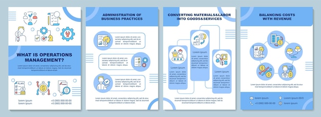 What is operations management brochure template. Flyer, booklet, leaflet print, cover design with linear icons. Vector layouts for presentation, annual reports, advertisement pages