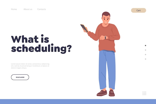 What is schedule concept for landing page design template with young man character using mobile app