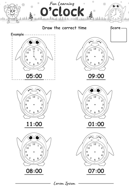 What is the time Worksheet with penguin black and white part two