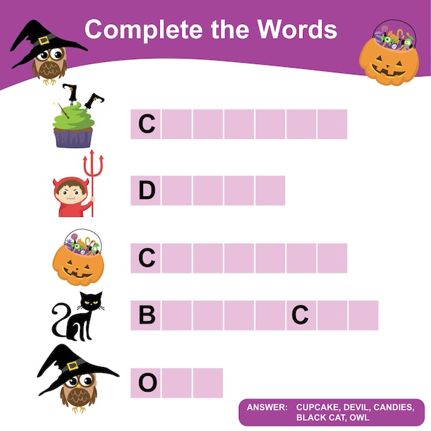 What letters are missing? Complete the words worksheet. Preschool Education. Vector illustration.