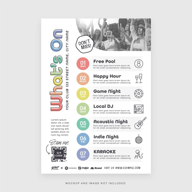Vector what's on club event schedule flyer template in vector