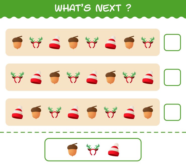Vector 漫画のクリスマスの次の教育ゲームは何ですか。規則性を見つけて、行タスクを続行します。就学前の子供と幼児のための教育ゲーム
