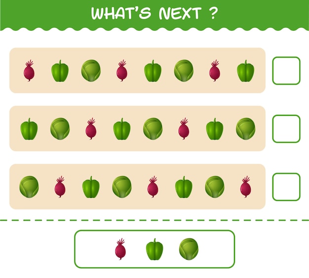 What's comes next educational game of cartoon vegetables. Find the regularity and continue the row task. Educational game for pre shool years kids and toddlers