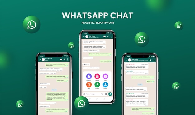 Vector whatsapp screen chat template interface on mobile phone mockup with 3d icons