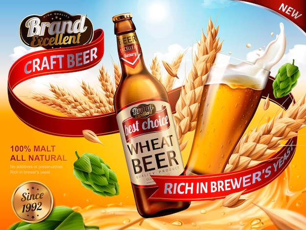 Wheat beer ads, beer bottle and glass with splashing beer and ingredients in the air, 3d illustration