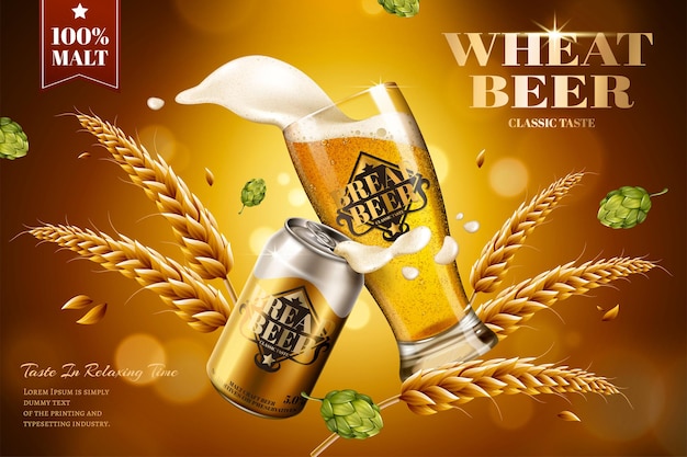 Vector wheat beer ads with ingredients on bokeh background in 3d illustration