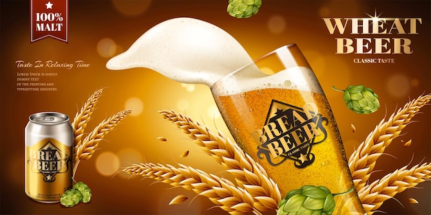 Wheat beer ads with ingredients on bokeh background in 3d illustration