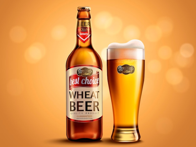 Design della confezione di birra di frumento, bottiglia di vetro e tazza con birra attraente, illustrazione 3d su superficie bokeh glitterata