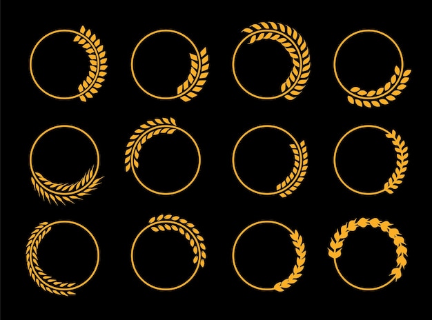 Wheat circle frame on a black background set of floral tree frame icons