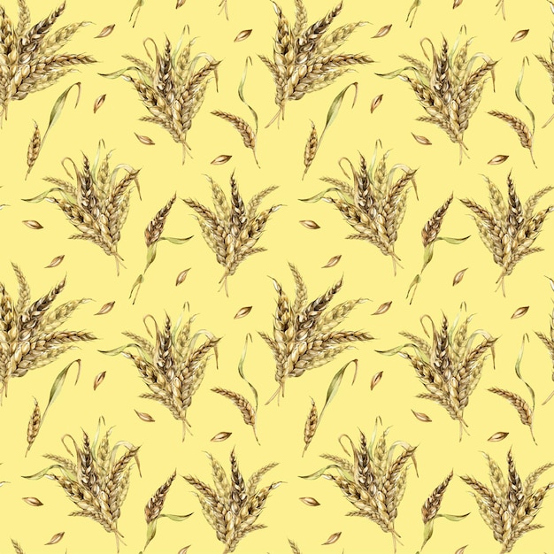 Wheat ear bunch watercolor seamless pattern isolated on beige background Spikelet of rye