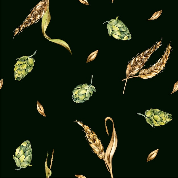 Wheat ear hop watercolor seamless pattern isolated on black background Spikelet of rye humulus plant