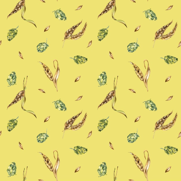 Wheat ear hop watercolor seamless pattern isolated on yellow background Spikelet of rye