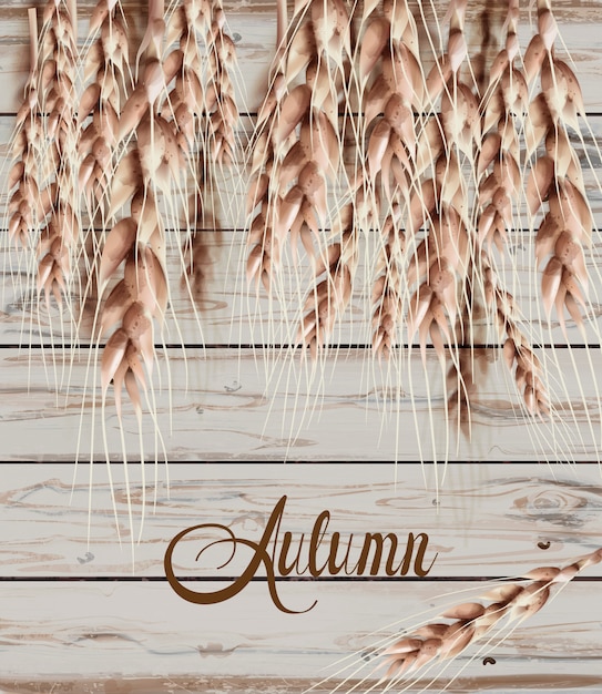 Vector wheat ears autumn fall card. vintage rustic poster. wooden texture s