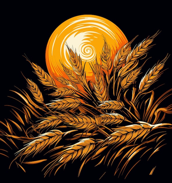 Wheat ears on field in vector pop art style on black background Template for tshirt sticker logo etc