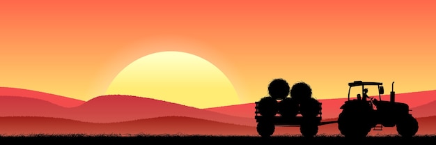 Вектор Пшеничное поле ночью с трактором и сеном