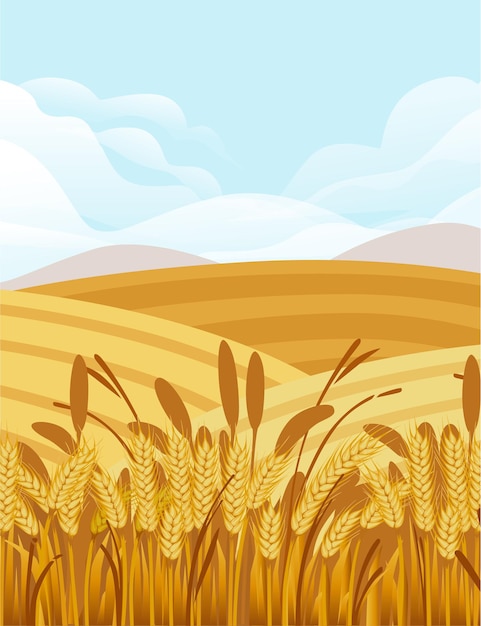 Illustrazione del campo di grano con paesaggio rurale e buona giornata di sole su sfondo banner verticale design