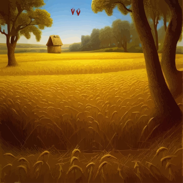 Vettore campo di grano estate paesaggio rurale disegnato sfondo illustrazione vettoriale per il tuo design