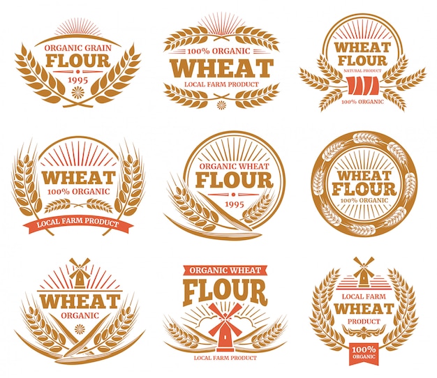 Vector wheat grain product and bread labels. nature wheat ears badges.