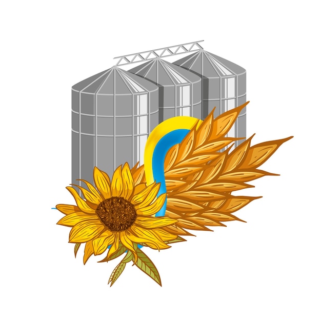 Vector wheat storage elevators achter ears of wheat en sunflower versierd met de oekraïense vlag